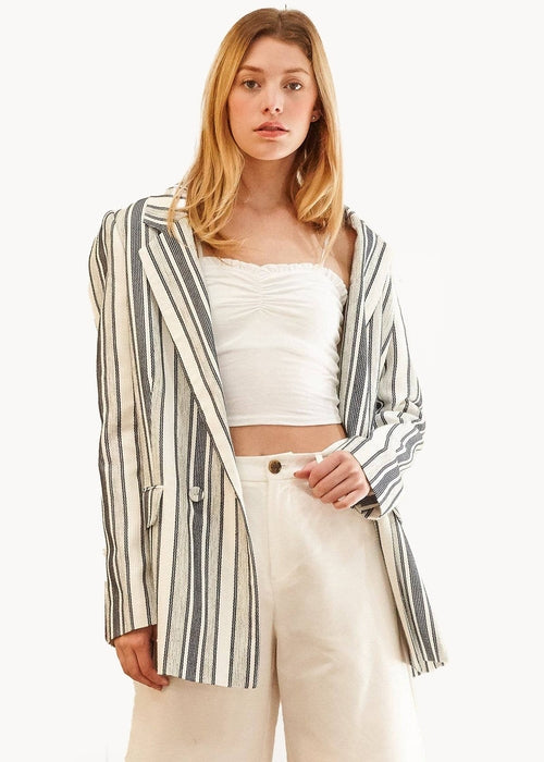 Structured Office Blazer – Blue White Striped Look