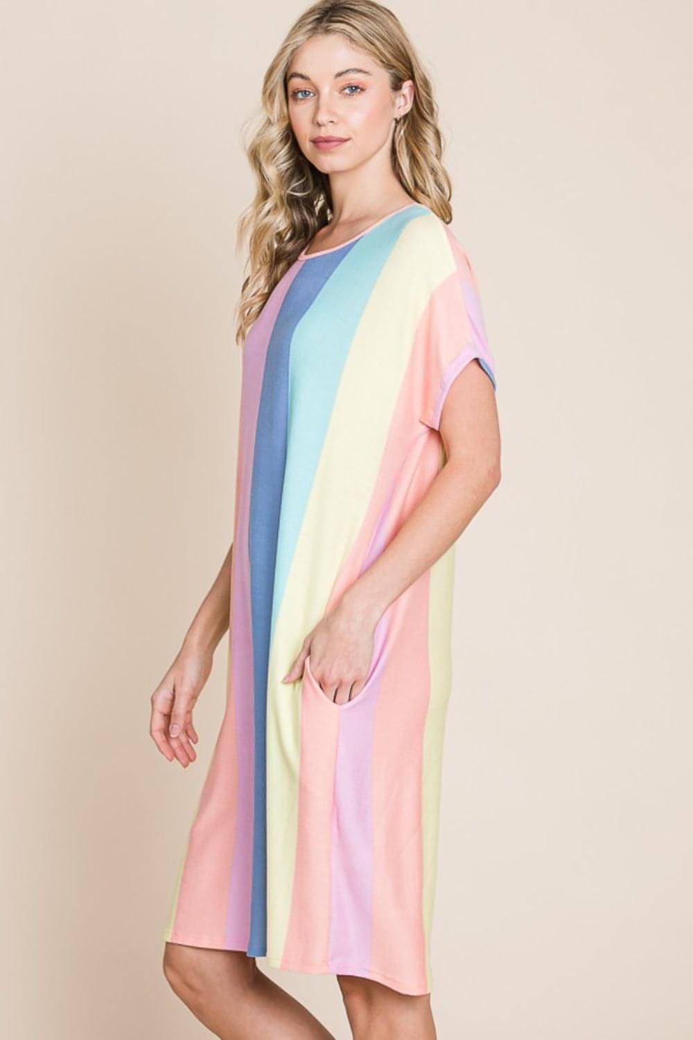 Side profile of soft casual striped dress for women