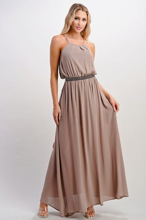 Maxi Dress with Elegant Halter Neck and Beaded Waist