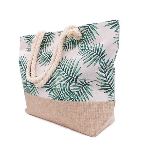 Lightweight beach bag with green palm leaf design