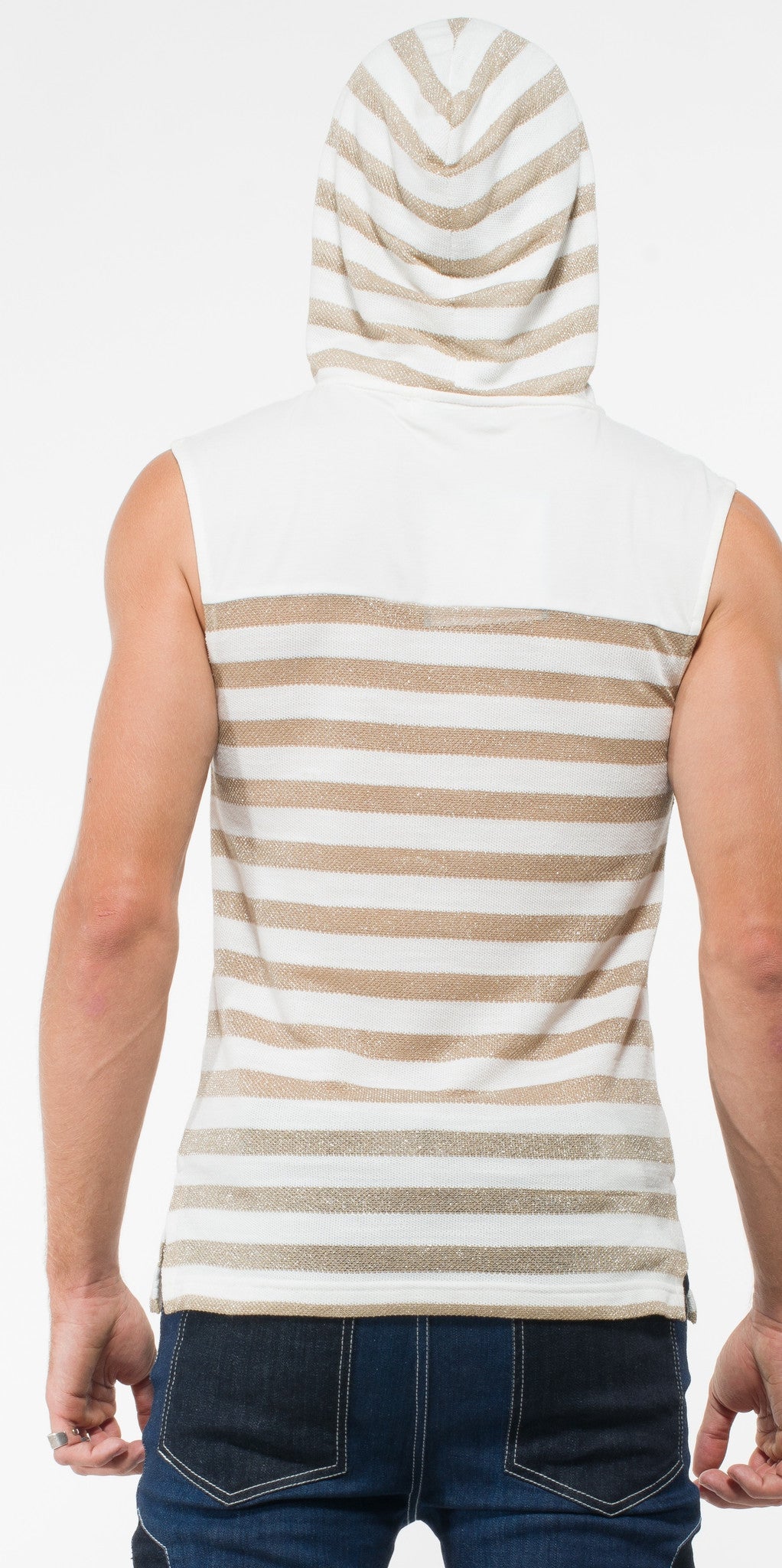 Back view of men’s gold hoodie – bold two-tone design