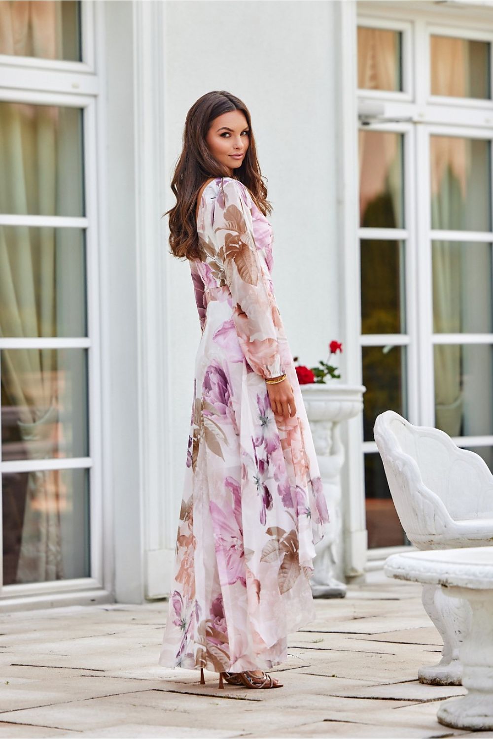 Flowy maxi dress with long puff sleeves and tapered waist – made in Poland