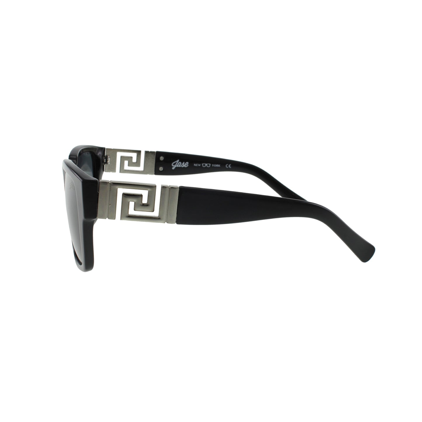 Side view showing metal Greek key design on temple arms