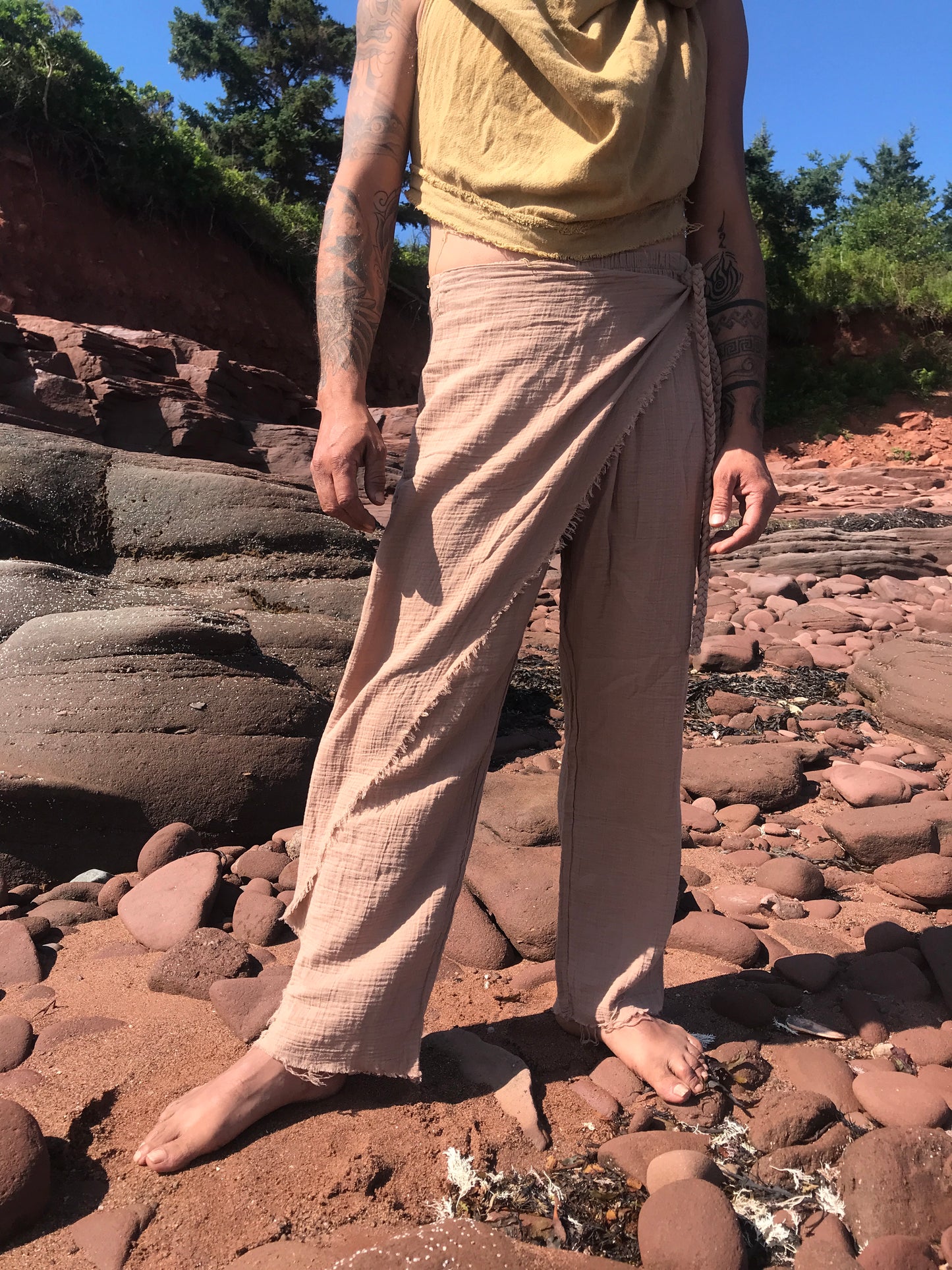 Detail shot of waistband and stitching on handmade cotton pants