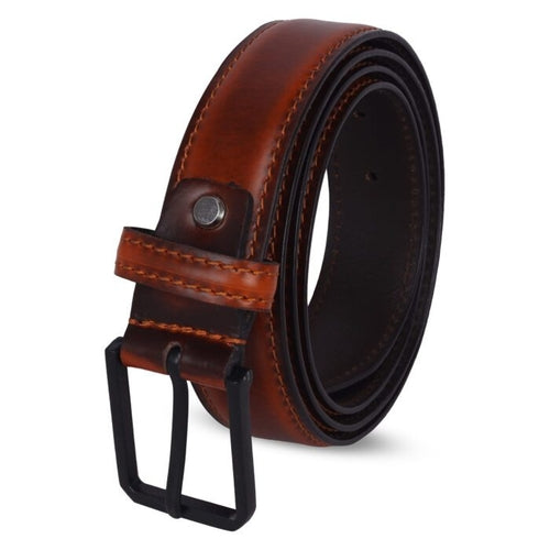 Classic men’s belt in brown leather displayed flat