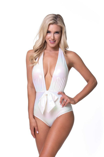 White metallic one-piece swimsuit with plunging neckline and waist tie