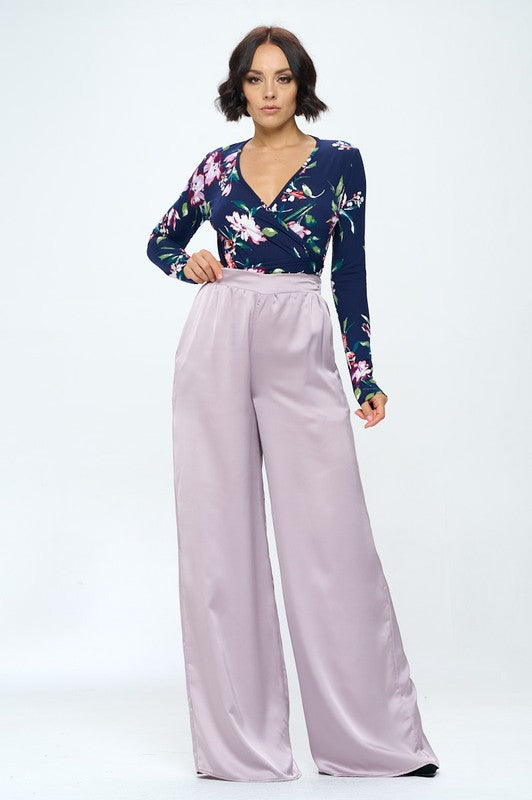 Front View of Solid Color Long Satin Pants