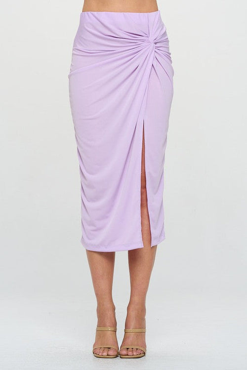 Front view of midi pencil skirt with knot and slit