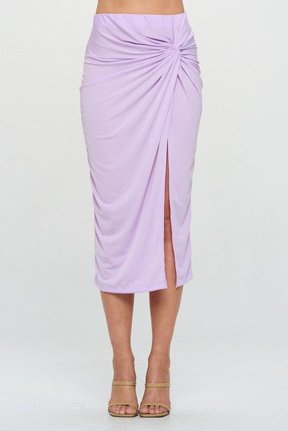 Front view of midi pencil skirt with knot and slit