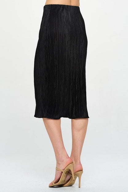 Side view of Made in USA pencil skirt with pleated texture