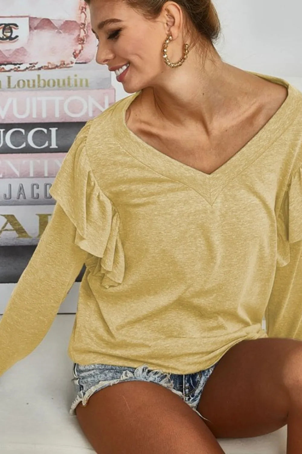 BiBi Triblend V-Neck Top with Shoulder Shirring – Front View