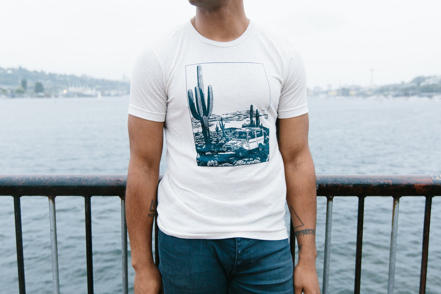 Desert Cruiser oatmeal tee with navy print – unisex tri-blend shirt