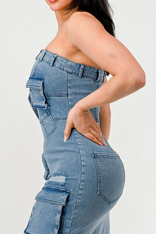 Strapless Urban Chic Denim Gown with Ruffle Neckline