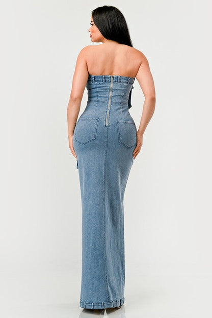 Back View of Urban Denim Gown with Flared Hem