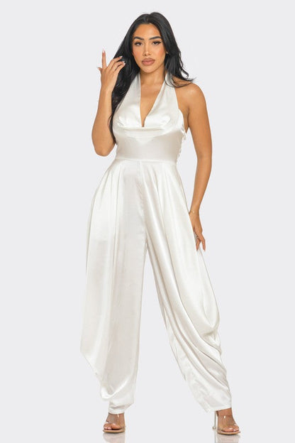 Flowing fabric and graceful movement in Ivory Serenity Jumpsuit