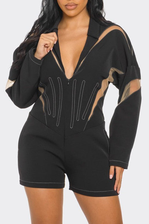 Chic Mesh-Panelled Black Romper – Modern Elegance with Bold Details