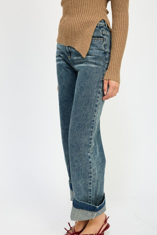 High-waisted denim pants with stylish fold-over top