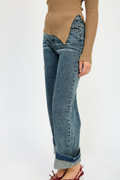 High-waisted denim pants with stylish fold-over top