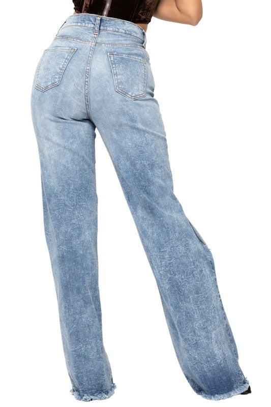 Back pockets and frayed hem detail of retro wide leg jeans