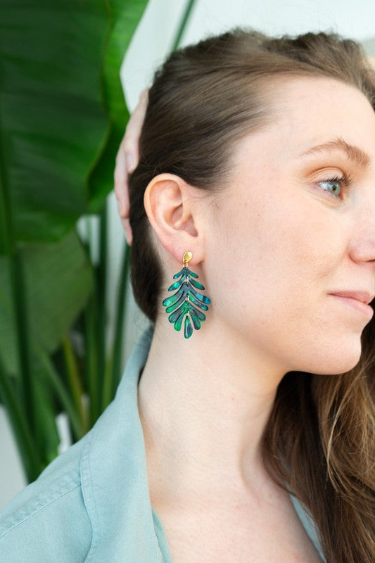 Petite palm earrings in dark green with gold posts