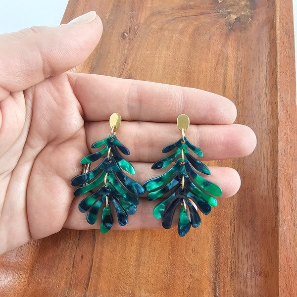 Unique pattern dark green palm earrings for vacation style