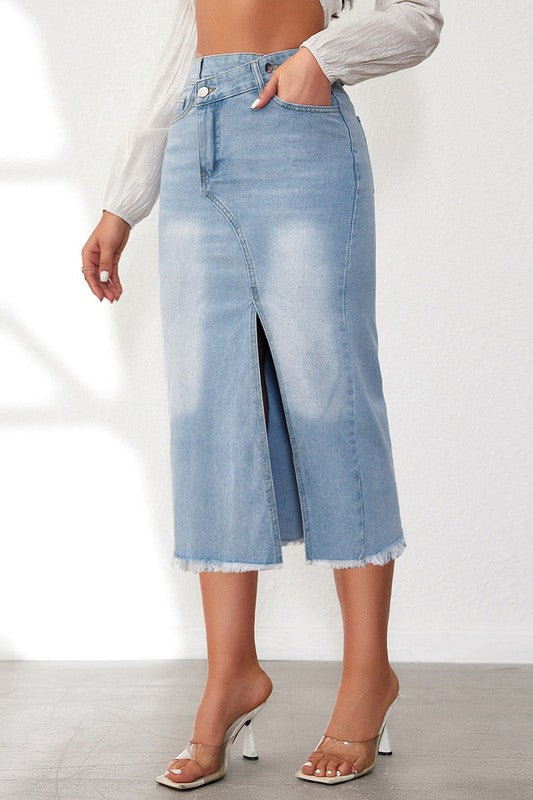 Flat lay of cotton-polyester asymmetric midi skirt in blue denim