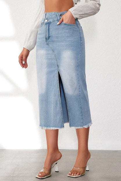 Flat lay of cotton-polyester asymmetric midi skirt in blue denim