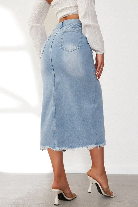 Side angle showcasing open-slit detail on women's denim skirt