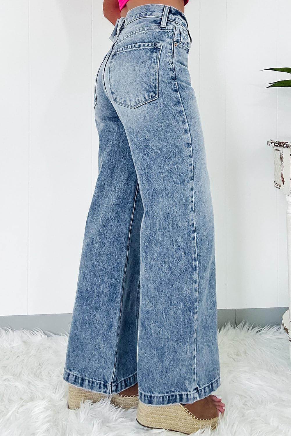 Woman wearing Dusk Blue Central Seamed Wide Leg High Waist Jeans