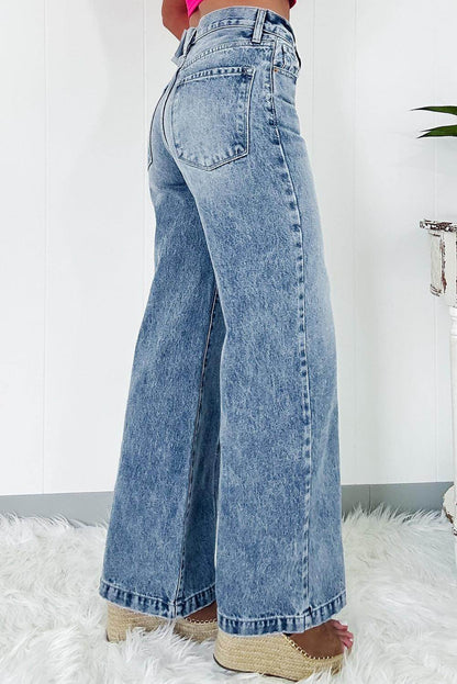 Woman wearing Dusk Blue Central Seamed Wide Leg High Waist Jeans