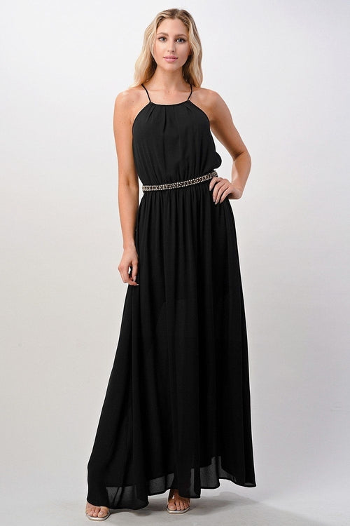 Pleated Chiffon Halter Gown Flowing in Motion