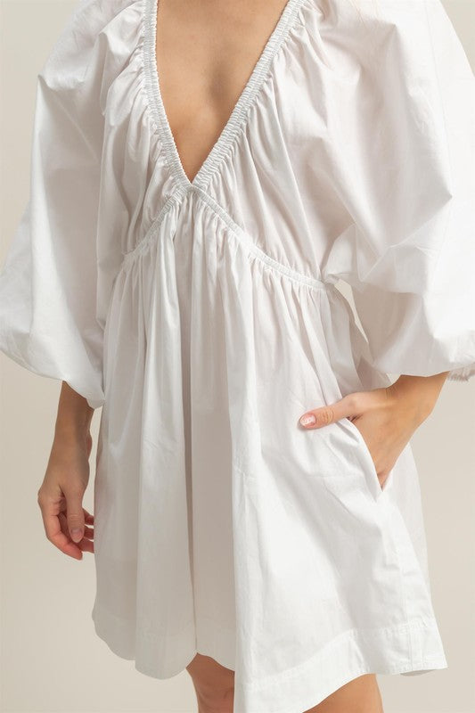 Plunge front mini dress in crisp viscose poplin