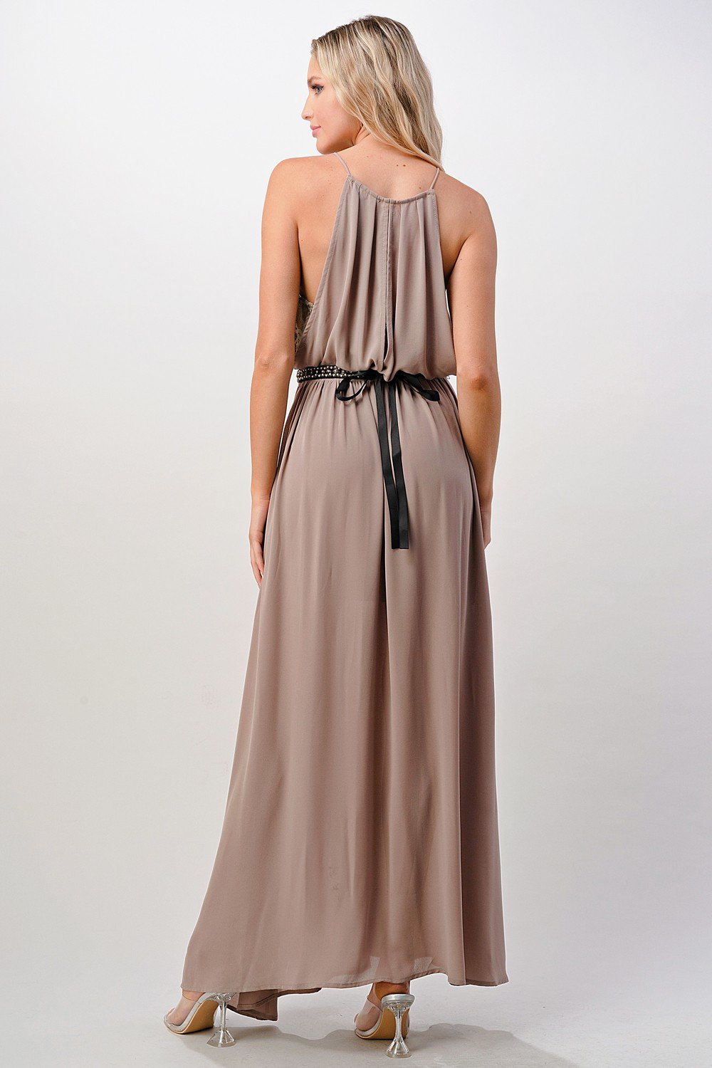 Elegant Beaded Waist Close-Up on Chiffon Dress