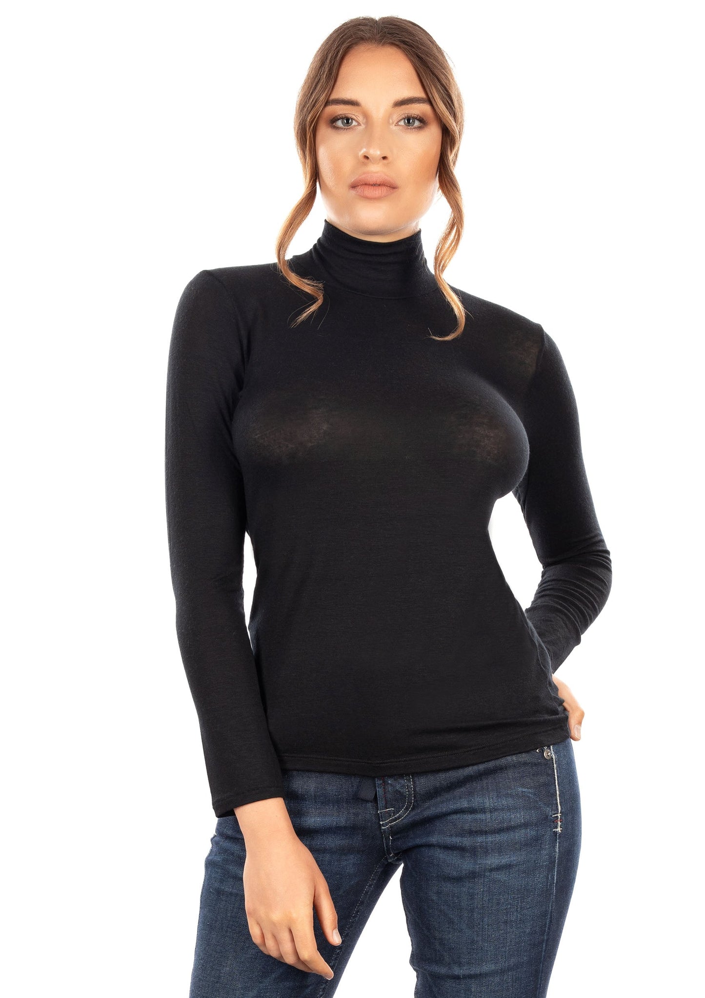 Model wearing EGI mock neck long sleeve shirt – minimalist look