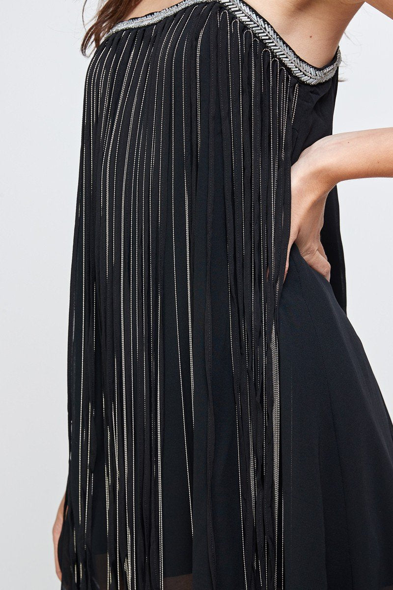 Model Wearing Flowy Chiffon Fringe Dress – Size Small