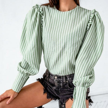 Light Green Puff Sleeve Striped Blouse – Vintage Office Style
