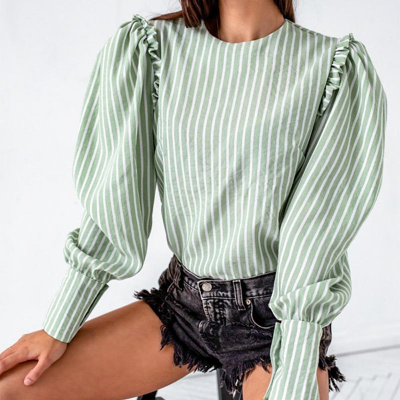 Light Green Puff Sleeve Striped Blouse – Vintage Office Style