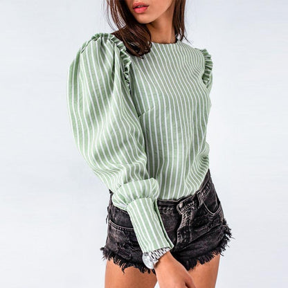 Light Green Puff Sleeve Striped Blouse – Vintage Office Style