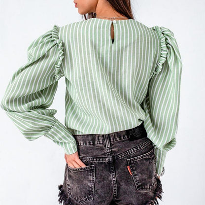 Light Green Puff Sleeve Striped Blouse – Vintage Office Style