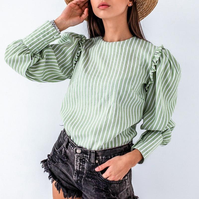Light Green Puff Sleeve Striped Blouse – Vintage Office Style