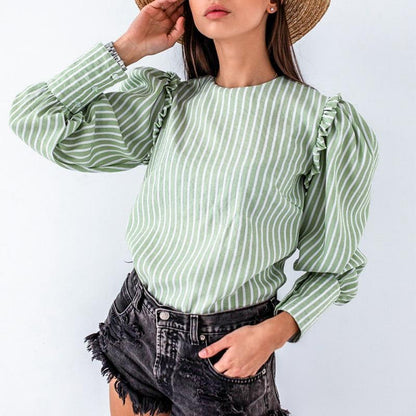 Light Green Puff Sleeve Striped Blouse – Vintage Office Style