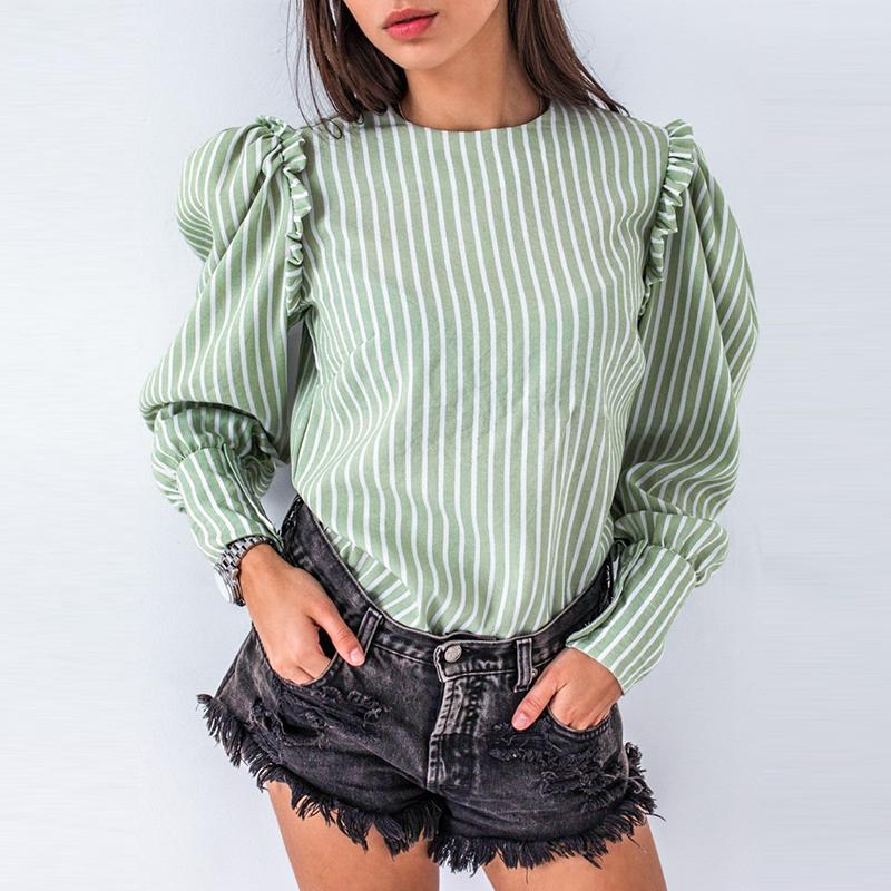 Light Green Puff Sleeve Striped Blouse – Vintage Office Style