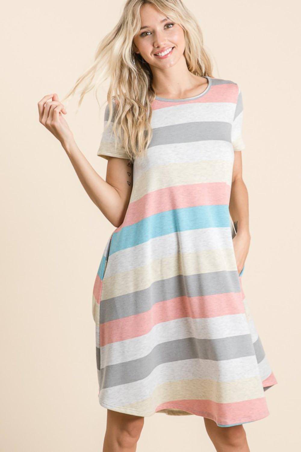 Casual Striped Dress Styled with Sneakers