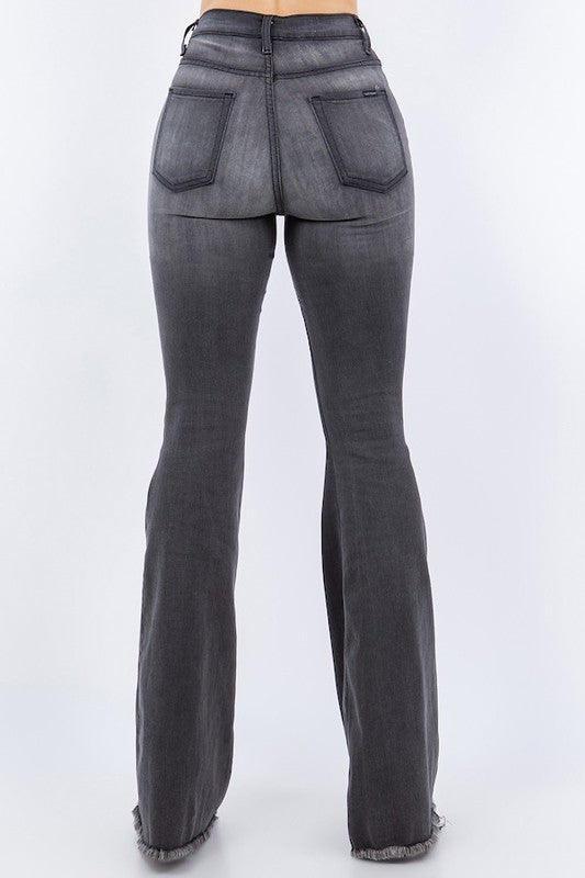 Back view of high-rise flare jeans with rear pockets