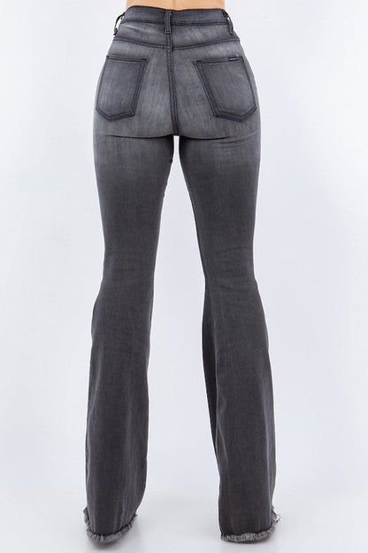 Back view of high-rise flare jeans with rear pockets