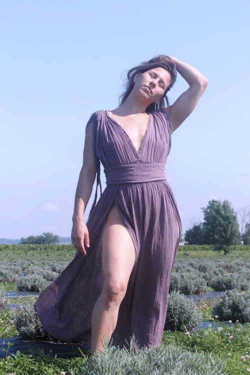 Organic cotton maxi dress styled with floral accessories