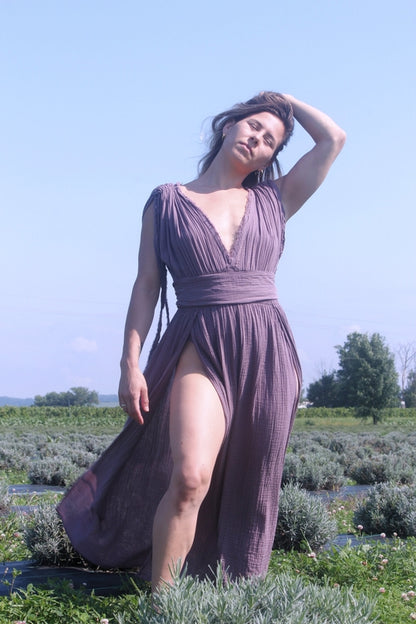 Organic cotton maxi dress styled with floral accessories