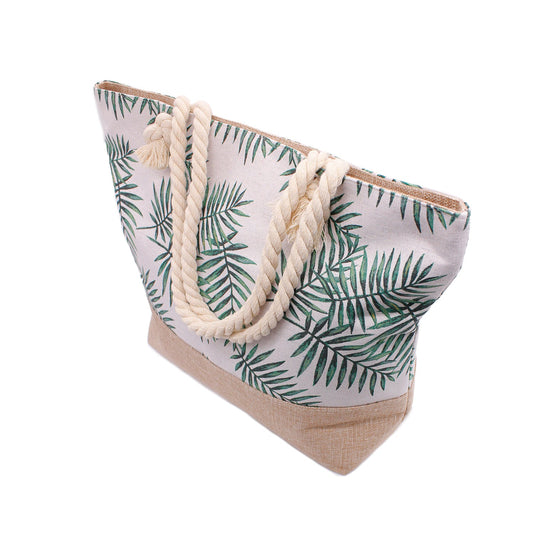 Spacious palm beach bag displayed against summer backdrop