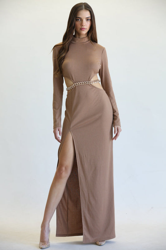 Model wearing Sleek Chain-Belt Slit Dress with high neckline