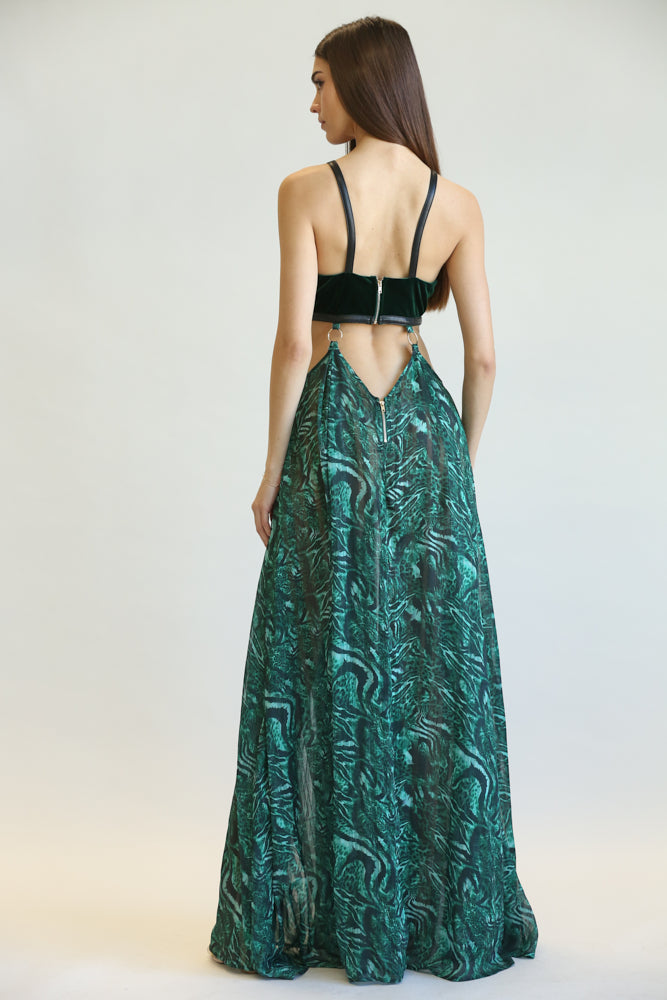 Back view of dress showing V-cut and zipper closure